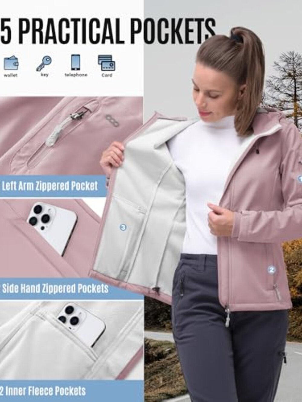 🆕 Women's Softshell Jacket, Fleece Lined Warm Jacket Light Hooded Windproof - Picture 5 of 7